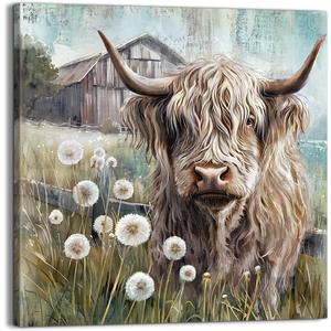 YUEYARIT Farmhouse Highland Cow Wall Decor in Neutral colour: Rustic Cow and Dandelion picture Canvas Art Print, Gift for Bathroom or Kitchen, Ideal Animal Artwork for Living Room (20L" x 20W")