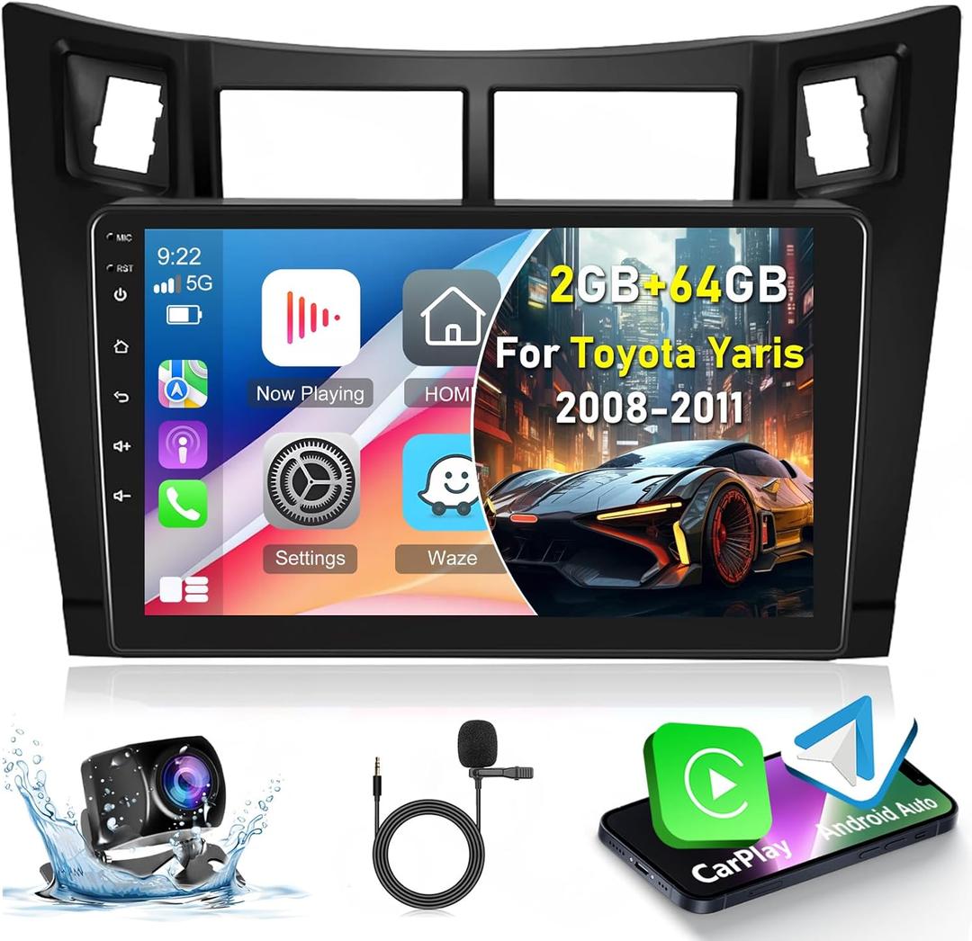 [2+64G] Car Stereo for Toyota Yaris 2008-2011 - Wireless Carplay and Android Auto - 9 Inch Touchscreen Android Car Radio with DSP/Multiple UI/WiFi/GPS/SWC + AHD Backup Camera