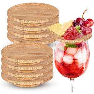 Mumufy 8 Pcs Wine Glass Charcuterie Topper Bamboo Round Mini Charcuterie Boards Dual Use Cups Topper Plates for Family Gatherings Bars Restaurants (5'')