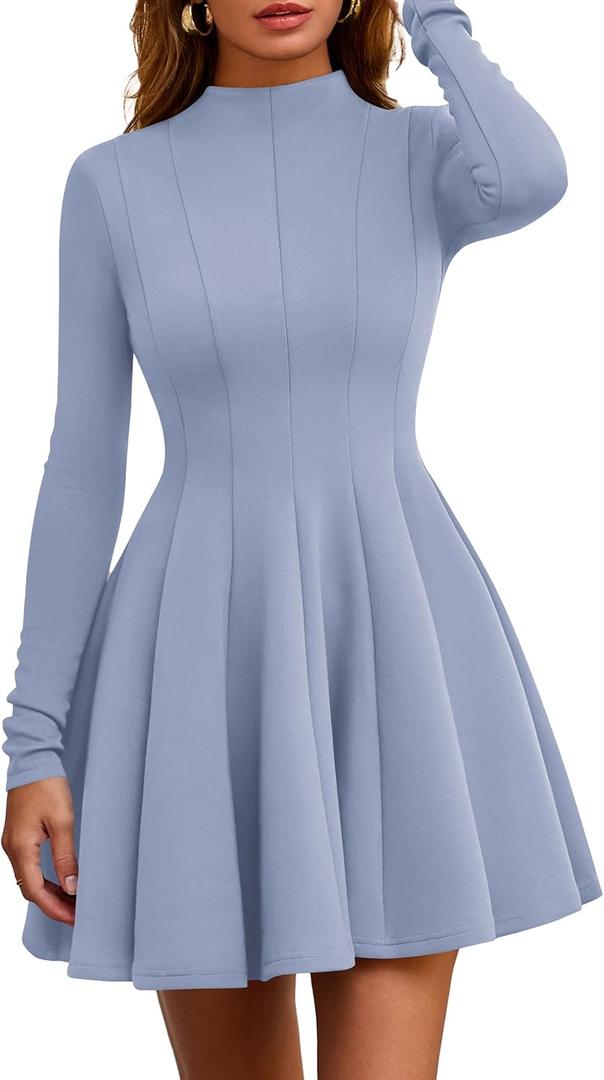 PRETTYGARDEN Fall Dresses for Women Elegant Classy 2026 Casual Long Sleeve Swing A Line Ruffle Short Homecoming Party Dress (Blue, M)