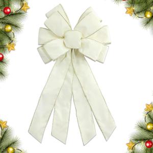 Christmas Wreath Bow 20 x 11 Inches Large Christmas Bows Cream Velvet Bow Winter Farmhouse Bow Xmas Tree Topper Ornament Bow for Home Front Door Decorations (White), 1 Pack