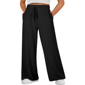 Eytino Womens Plus Size Pants Summer Elastic High Waist Drawstring Casual Loose Wide Leg Trousers Pants with Pockets (Black, 1X-5X)