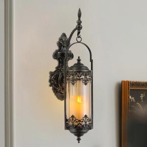 Rustic Candle Sconce with Glass Vintage Antique Gothic Hanging Lantern Candle Holder Retro Indoor Outdoor Mid Centry Wall Dcor Sconce for Fireplace, Hallway, Living Room, Porch, Patio (Amber)