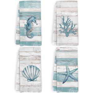 KFXHANGD Beach Coastal Kitchen Towels and Dishcloths Set of 4, Lake House Nautical Beachy Dish Towels, Starfish Seahorses Coral Seashell Decorative Hand Tea Towel for Bathroom Kitchen, 16x24 Inches