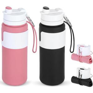 LemonRoad 2 Pcs 26 oz Silicone Collapsible Water Bottle, Portable Foldable Water Bottle Leakproof with Carabiner Reuseable Lightweight for Travel Sports Hiking Camping Cycling Office (Black,Pink)