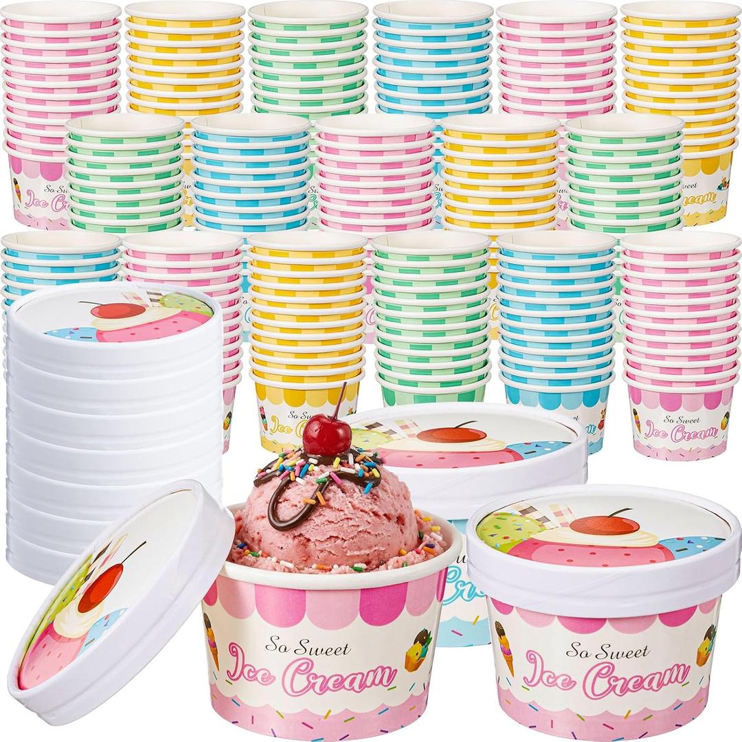 Jingmore 100 Pcs Paper Ice Cream Cup with Lids, Colorful Sundae Bowl, 8 oz