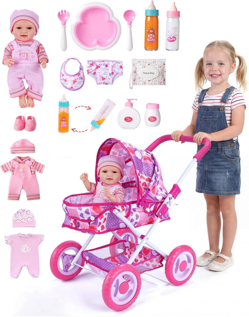 BABESIDE Baby Doll Stroller Set with 12 Inch Baby Doll, 14 Pcs Baby Doll Accessories, Folding Doll Pram Pretend Play Set, Feeding, Bath & Care Toys, Gift for Girls Ages 3yrs+
