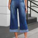 Vetinee Capris Jeans for Women Wide Leg High Waisted Trendy Fold Hem Summer Casual Stretchy Denim Jean Capri Pants (Blue, S)