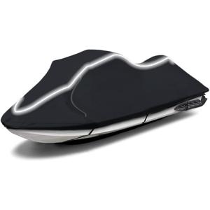 Upgraded Fade and Crack Resistant Trailerable Jet Ski Cover, Heavy-Duty Waterproof and UV Protection PWC Cover,Jetski Watercraft Cover with Reflective Strips Black Fits from 103"-115"(1 or 2 Seater)