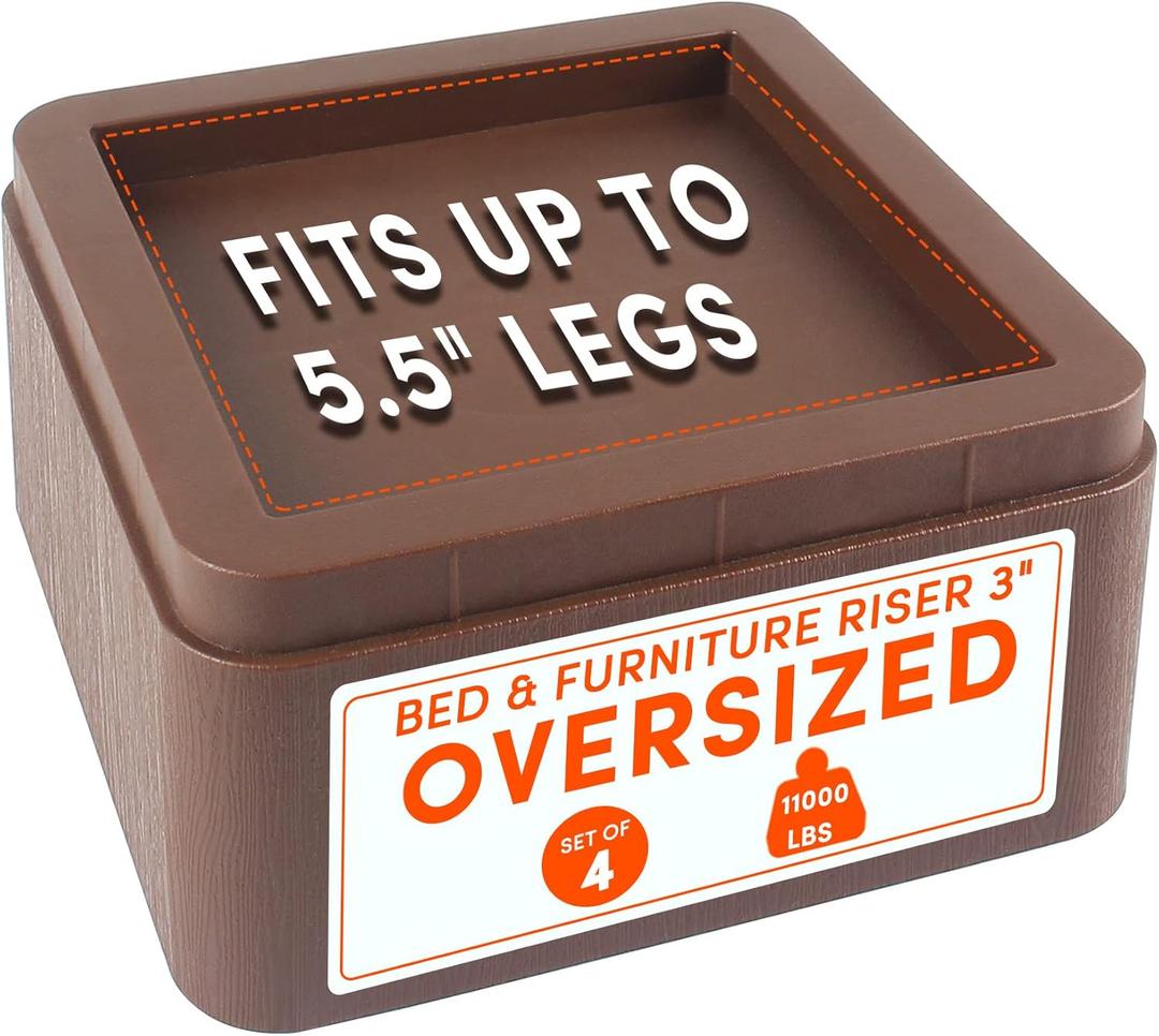 DEDU Oversized Bed Risers Heavy Duty Stackable 4 Pack, Furniture Risers for Sofas 3 Inch or 6 Inch Supports Up to 11000 Lbs, Square Bed Raising Blocks Fits 5.5 Inch Wide Desk or Couch (Brown)