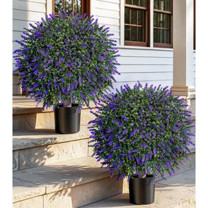 DREAMLOOM Topiary Trees Artificial Outdoor Ball in Planter, 20in Outdoor Indoor Realistic Fake Plants Shrubs for Front Porch Decor, Faux Bushes Plants for Home Front Door Offices, Set of 2