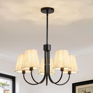 Black 5-Light Farmhouse Chandelier, Large Dining Room Light Fixture with Fabric Shades, Modern Ceiling Hanging Lamp for Kitchen Island Living Room Entryway, Dimmable E12 Base, 22 inches