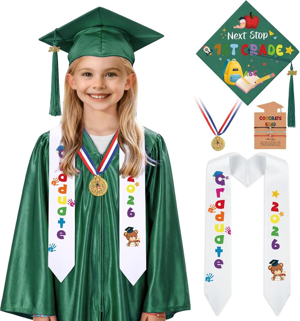 YLOLUL 2026 Kindergarten Preschool Graduation Gown Cap Set Graduation Stole Bracelet Medal Certificate Package Grad Gifts (Medium, Green Classics)