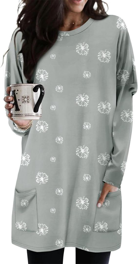 KISSMODA Womens Casual Tunic Tops for Leggings Long Sleeve Fall Shirts with Pockets (Gray, L)