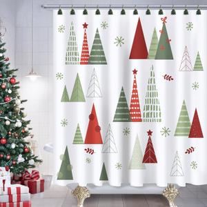 Sunlit Geometric Modern Design Christmas Shower Curtain Christmas Tree Bathroom Home Office Holiday Wall Decoration as Tapestry and Photo Booth Backdrop Red Green White Printed