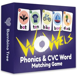 THE BAMBINO TREE WOWELs Phonics and Vowel Sounds Card Game - Learn to Read Kindergarten 1st 2nd Grade Learning - Short Vowel CVC Words and Long Vowel Matching Game 2-8 Players