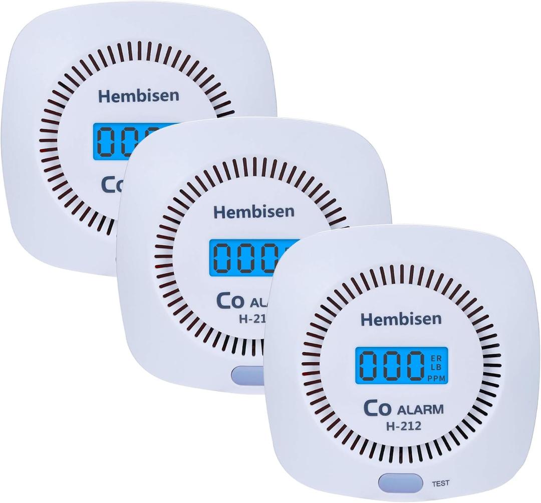 3 Packs Carbon Monoxide Detectors - Hembisen CO Alarm Detector Monitor Battery Operated with Digital Display for House Kitchen Restaurant Hotel Office