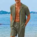 COOFANDY Men's 2 Pieces Shirt Sets Short Sleeve Casual Button Down Hippie T-Shirts Shorts Sets Summer Fashion Beach Outfits (Green, M)