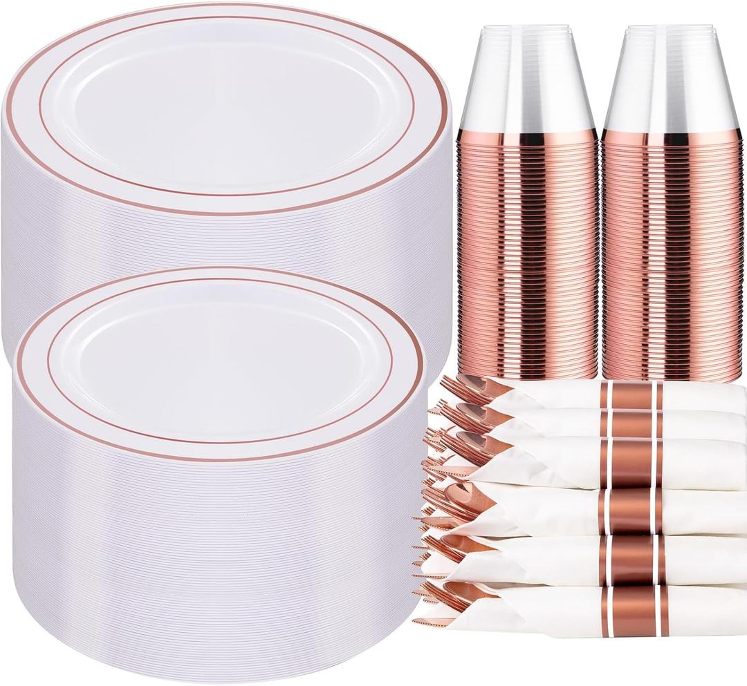 WELLIFE 350 Pieces Rose Gold Plastic Dinnerware, 50 Guests Disposable Plates with Rose Gold silverware and Cups, 50 Pre Rolled Napkins with Cutlery, Perfect for Wedding and Party