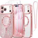 Meifigno Designed for iPhone 17 Pro Max Case 6.9", [Glitter Card & Wrist Strap] [Compatible with MagSafe] [2X HD Screen Protectors] Surround Raised Lens Protection for 17 ProMax Phone Case, Rose Gold