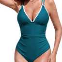 RIHOAS Deep V Contrast Wavy Line One Piece Swimsuits Tummy Control High Cut Ruched Adjustable Criss-Cross Lace-up Back (Green, S)