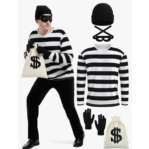 5 Pieces Halloween Costume Set, Men's Robber Costume Halloween Cosplay Burglar Accessories Striped Shirt for Adult Size XL