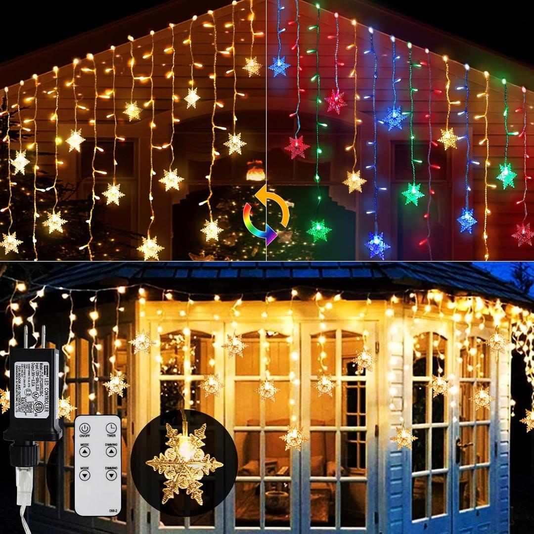 Christmas Snowflake Icicle Lights - Connectable 40ft 360 LEDs Multicolor/Warm White 20 Color Changing Waterproof Outdoor LED Christmas Lights With RF Control for House Curtain, Eaves, Xmas Decorations
