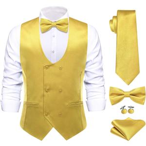 Hi-Tie Mens Satin Suit Vest for Men Silk Double Breasted Formal Suit Vest Pretied Bowtie Tie Handkerchief Cufflinks (Yellow)
