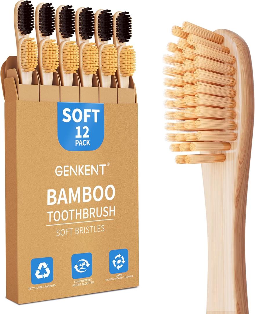 GENKENT Bamboo Toothbrushes 12 Pack Natural Toothbrushes BPA Free Soft Bristles Toothbrush Eco Friendly Charcoal Toothbrush for Travel