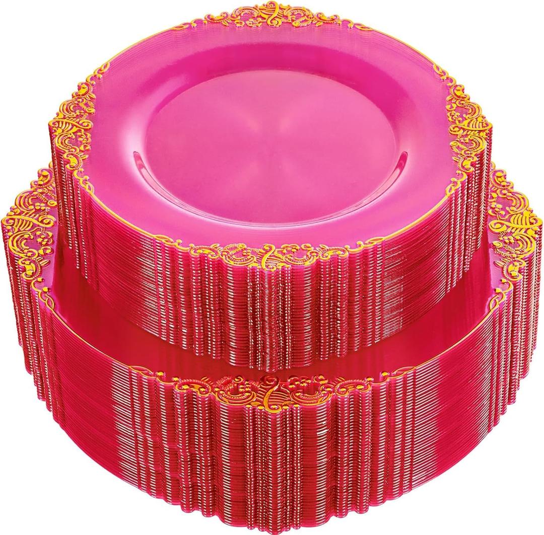 102PCS Clear Hot Pink Plastic Plates - Pink Disposable Plate with Gold Rim - Hot Pink Party Plates Include 51PCS 7.5inch Dessert & 10.25inch Dinner Plate for Wedding Birthday Party