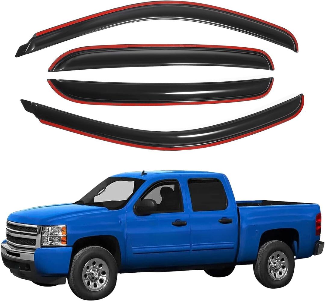 in-Channel Window Deflectors Rain Guards 2007-2013 Chevy Silverado & GMC Sierra 1500/2500HD/3500HD Crew Cab, 4 Piece Set, Smoke Tint, OEM Style, No Exterior Tape Needed (Front & Rear)