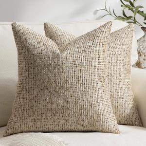 Pack of 2 Neutral Throw Pillow Covers 20x20 Boho Textured Dots Stripe Chenille Square Decorative Pillow Cases Accents for Living Room Couch Bed Farmhouse Home Decor, Taupe