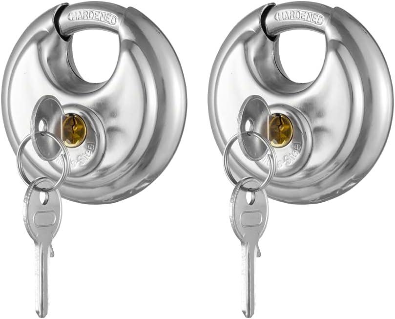 Keyed Alike Discus Padlock, Stainless Steel Storage Unit Lock,2-3/4 in.Wide,3/8 in. Diameter Shackle, Disc Locks for Sheds, Garages and Fence2Pack