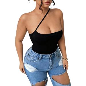 SOLY HUX Women's Plus Size One Shoulder Sleeveless Crop Tops Slim Fitted Asymmetrical Going Out Camisole (XX-Large Plus, Pure Black)