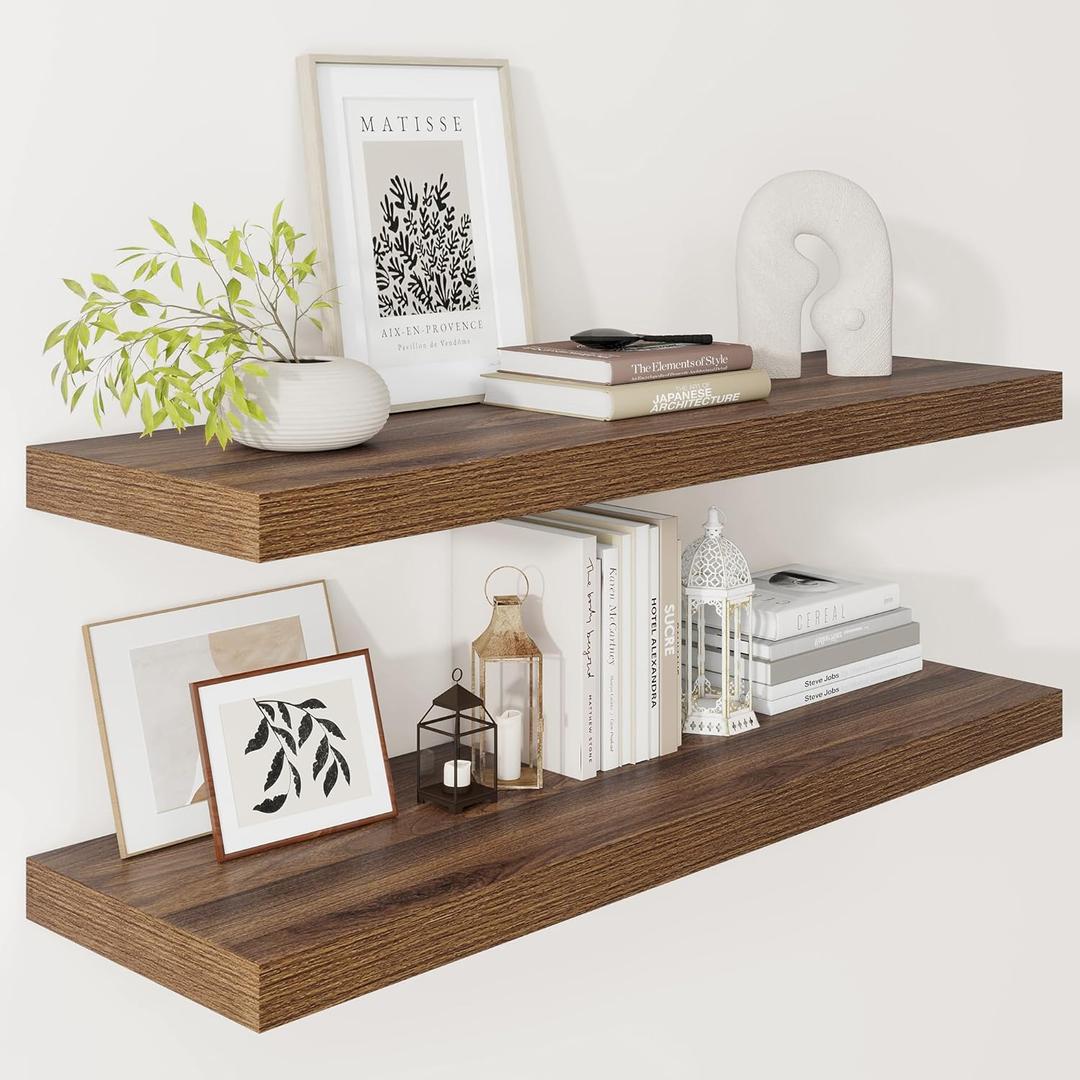 Vivelove Farmhouse Floating Shelves for Wall 12 Inch Deep, 36" X 12" X 2" Floating Shelf, 2 Inch Thick Shelf for Living Room Bathroom Bedroom Kitchen, Rustic Farmhouse Decor Set of 2, Walnut
