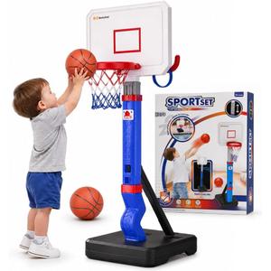 Toddler Basketball Hoop with Ring Toss Game, 2-in-1 Adjustable (2.55.5 Ft) Indoor & Outdoor Kids Basketball Set with Mini Balls, Rings, Pump & Stable Base Sports Toy for Boy & Girl Age 1-5
