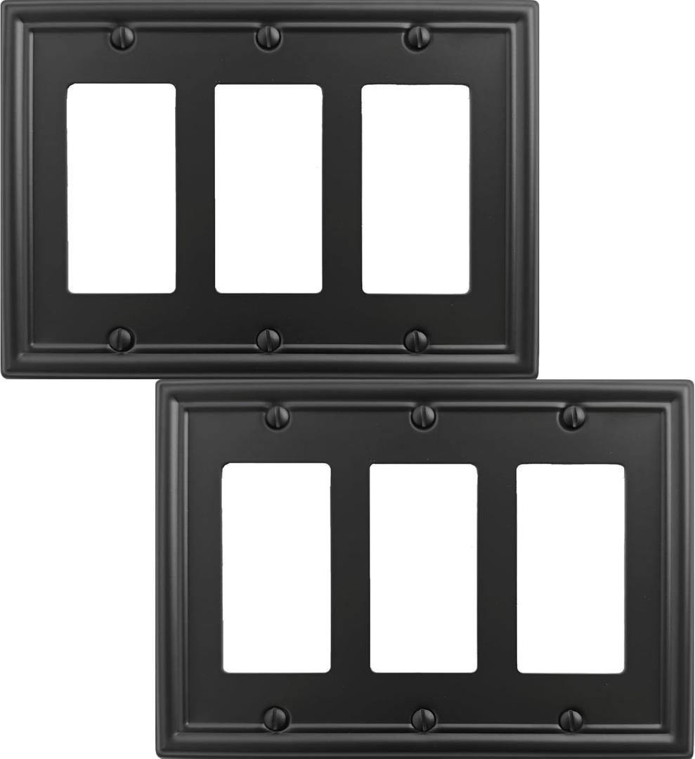 OKAWYC Black Luca Metal Wall Plate, 3-Gang Triple Decorator Rocker Light Switch Cover, 2-Pack Modern Decorative Durable Stylish Wallplate for Dimmer Switch, GFCI Outlet, or Power Receptacle