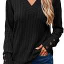 Dokotoo Womens Soft Long Sleeve V Neck Shirts Solid Casual Decorative Buttons Knitted Pullover Tunic Tops Black (Medium)