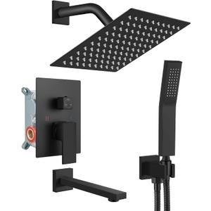 gotonovo Shower System with Tub Spout Wall Mounted Rain Shower Head and Handle Combo Shower Faucet Set with Valve, 8 Inch, Matte Black