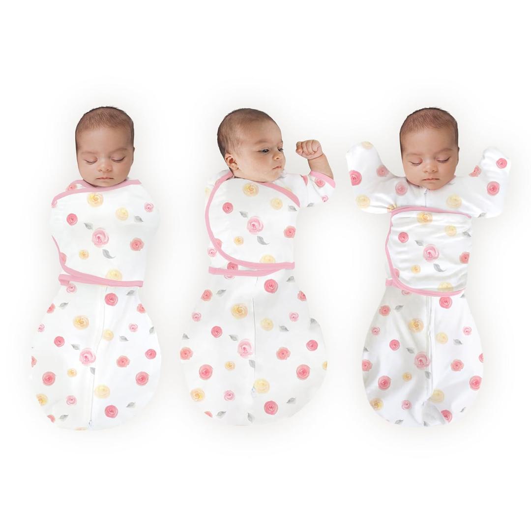 Amazing Baby Omni Swaddle Sack for Newborn - Transitional With Wrap & Arms Up Sleeves & Mitten Cuffs - Easy Transition Sleep Sack, Watercolor Little Roses, Small, 0-3 Months