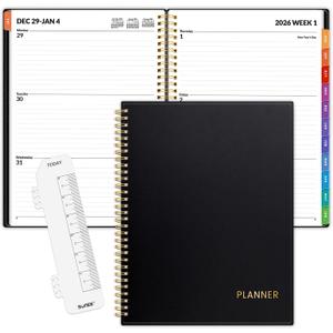 SUNEE 2026 Weekly and Monthly Planner - from January 2026 - December 2026, Daily Agenda Planner with Monthly Tab, Flexible Cover, Note Pages, Pockets, Bookmark, Spiral Binding, Black, 8.5"x11"