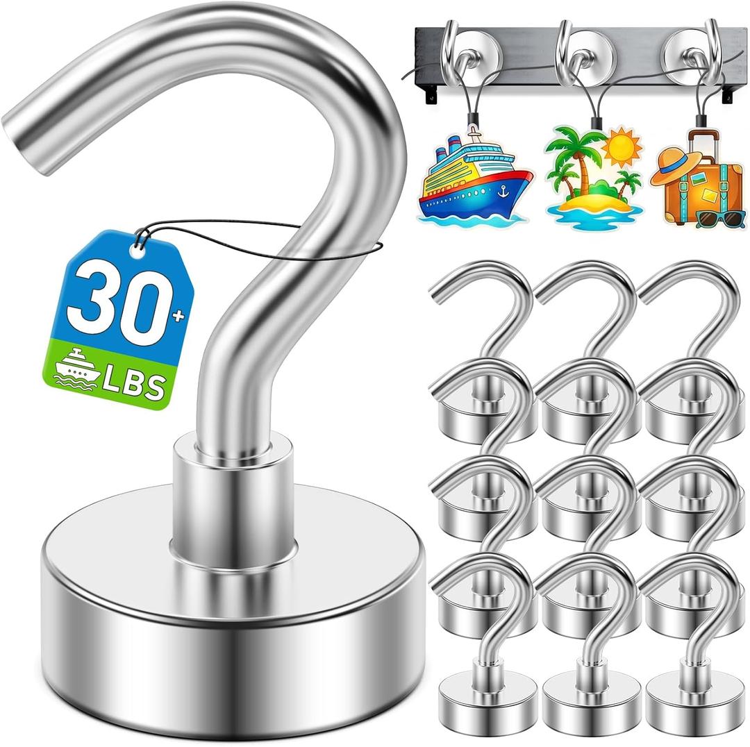 12 Pack Magnetic Hooks for 2026 Cruise Cabins Beach Vacation 30lbs+ Heavy Duty Magnet with Hook Metal Magnetic Hooks for Kitchen Fridge Grills Hanging Magnet Hooks for Classroom Locker Whiteboard (Silver)