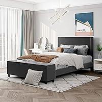 Merax Modern Upholstered Bed Frame with Cushioned Ottoman/ Wood Slat Support/ Easy Assembly Dark Gray, Queen