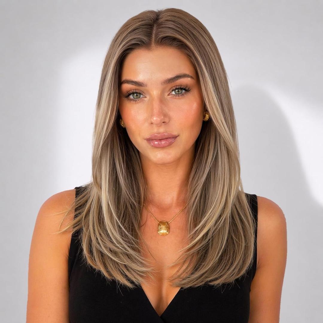 KOME Brown Highlight Human Hair Wig Blend, Brown Highlight Lace Front Wig, T Part Glueless Wigs for Women Daily Use 18IN（#TT6/1665）