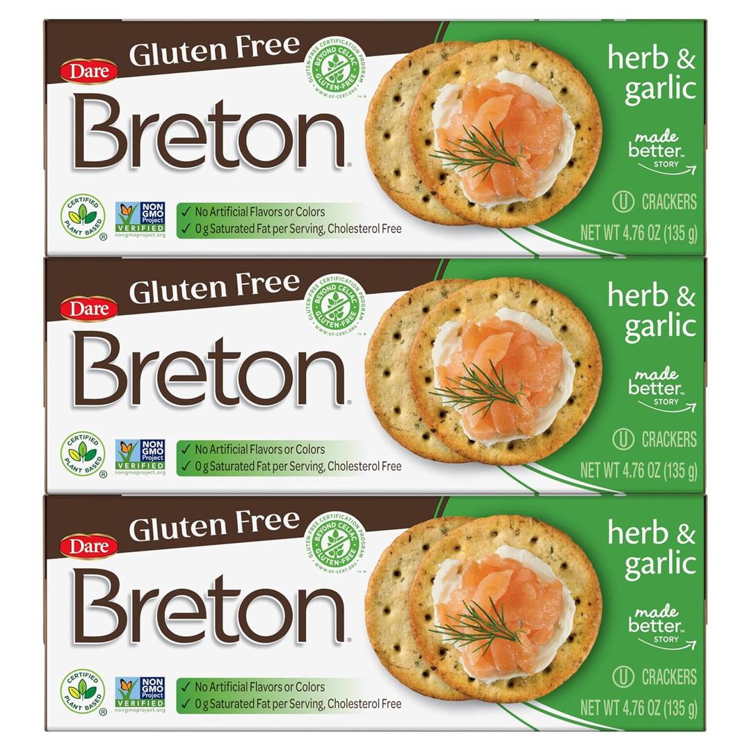 Breton Gluten Free Herb & Garlic Crackers (Pack of 3) - Non-GMO, Plant-Based, For Snacking, Dips, Cheese and Spreads, 3x4.76oz (EXP 09/12/26)