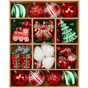 Alupssuc 82pcs Christmas Balls Ornaments Set, Delightful Classic Gift Set, Shatterproof Plastic Decor for Xmas Tree Holiday Wedding Party Decorations with Hanging Strings, Red, Green and White