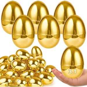 24 Pcs 3.1" Large Golden Plastic Easter Eggs Empty Fillable Easter Basket Stuffers Perfect for Surprise Egg Hunt Game Shiny Metallic Gold Egg Shells for Filling Treats Filler Kids Party Favor Prize
