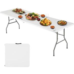 FDW 6FT Folding Table, Portable Fold-in-Half Plastic Picnic Party Table with Carrying Handle White, 6FT