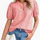 Glamaker Womens Summer Tops Blouse 2025 Casual Eyelet Embroidered Short Puff Sleeve Lace Hollow Out Button Dressy Shirts, Large