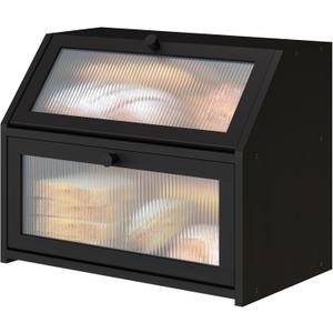 Black Bread Box for Kitchen Counter, Large Bamboo Wood Double Layer Bread Box, Wooden Bread Storage Capacity